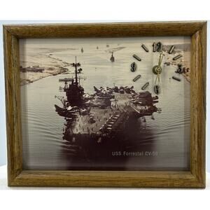 USS Forrestal CV-59 Navy Supercarrier Wall Clock Wooden Frame Vintage Working